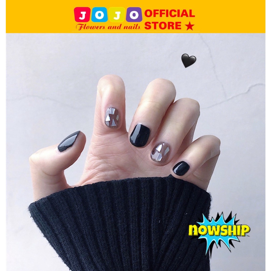Set 24 móng tay giả, móng ngắn đen và móng trong PD04 kèm keo
