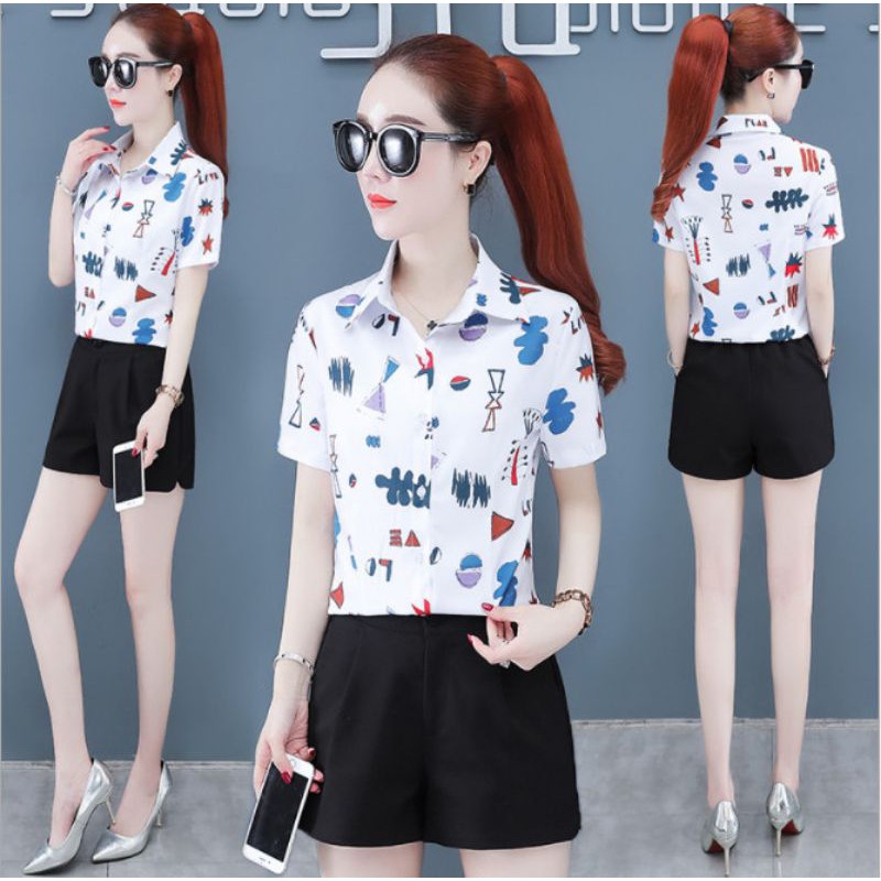 Áo sơ mi nữ tay ngắn Hàn Quốc, Sơ mi kiểu nữ Mix. Đồ Xinh,Kiểu Dáng Hoạ Tiết Trẻ Trung S69