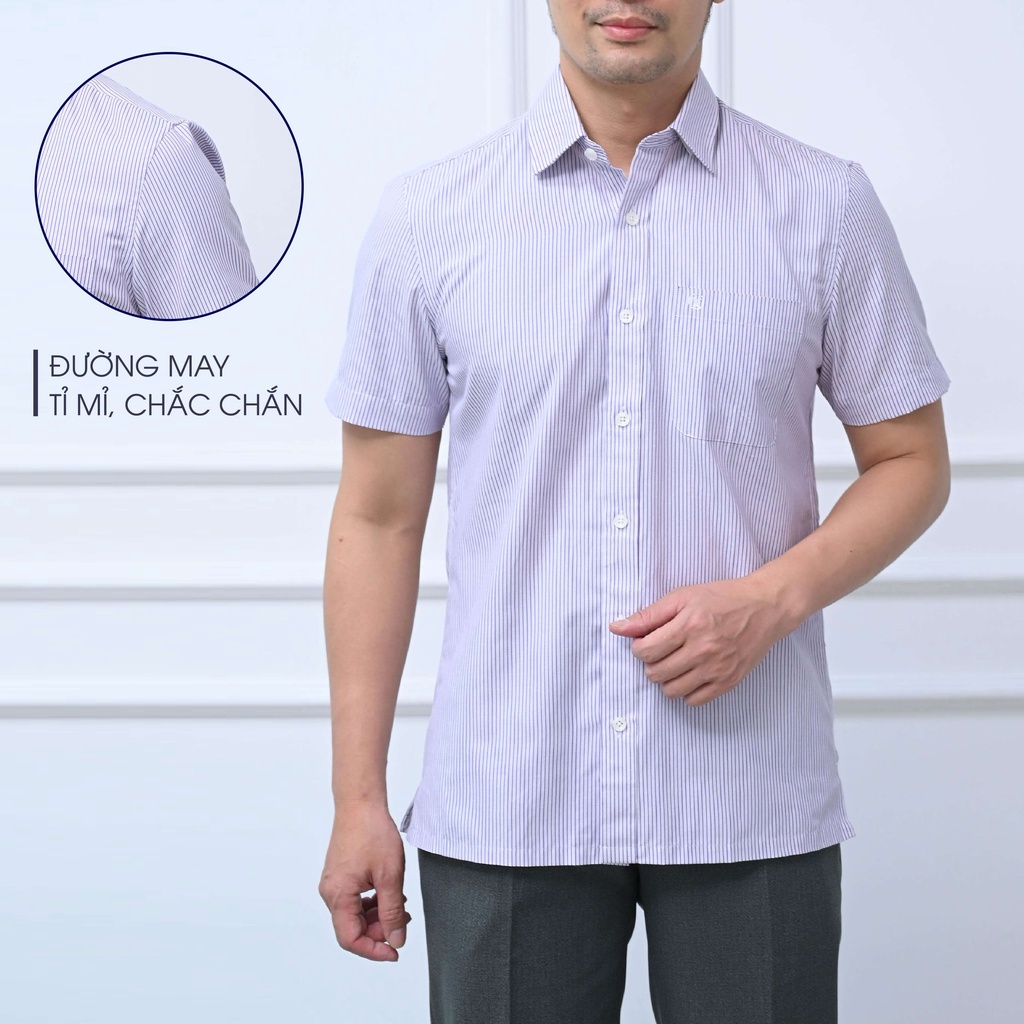 Áo Sơ Mi Nam Ngắn Tay Trung Niên ANCHI Cotton Ấn Độ Cao Cấp Hoạ Tiết Sọc Tím