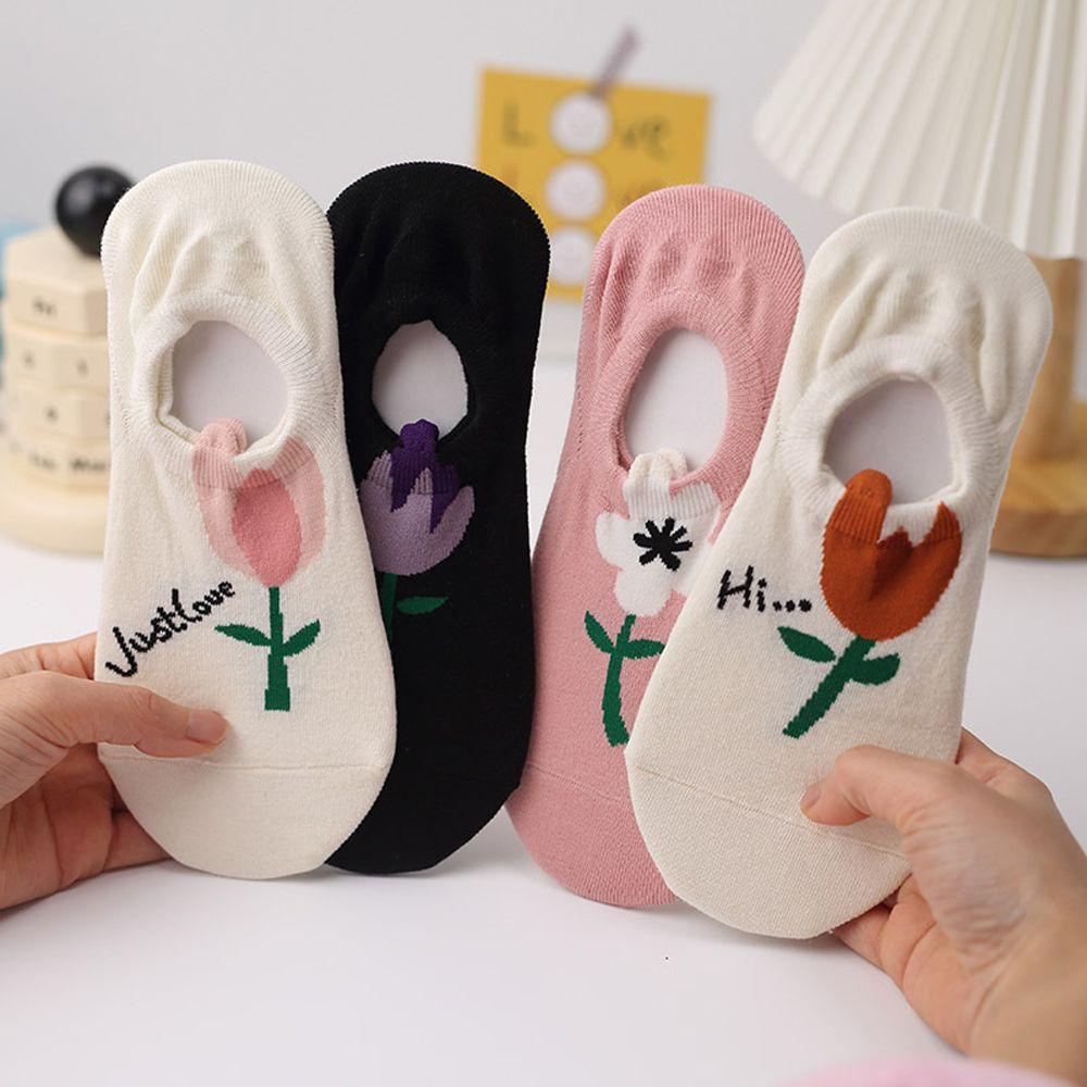 FORBETTER Đôi Vớ Cotton HọA TiếT Hoa Tulip ThờI Trang Cho Nữ