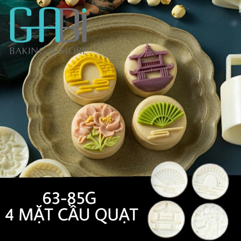 Khuôn trung thu nhấn lò xo 4 mặt 50-80g đền-cầu-quạt-hoa