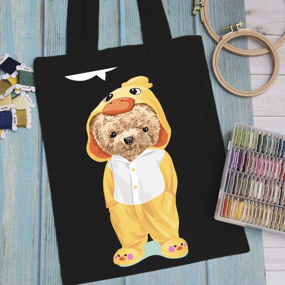 Túi vải, túi Tote (màu đen) TEDDY ART - Mẫu 3 vải canvas dày đẹp cho nữ có khóa miệng đi học đi chơi.