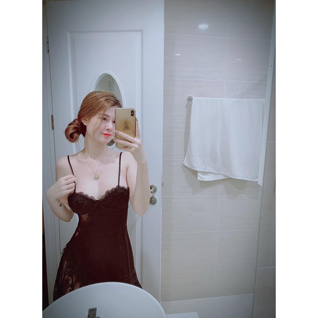 Váy ngủ sexy phối ren hông cao cấp xuyên thấu một bên với màu hồng xinh xắn