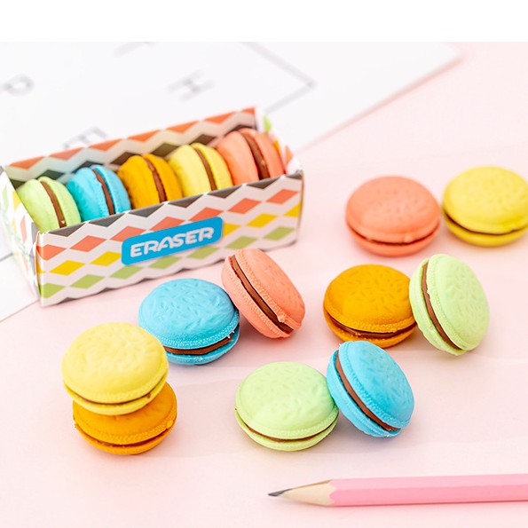 Gôm tẩy bút chì hình bánh macarons dễ thương hộp 5 gôm tẩy nhiều màu sắc