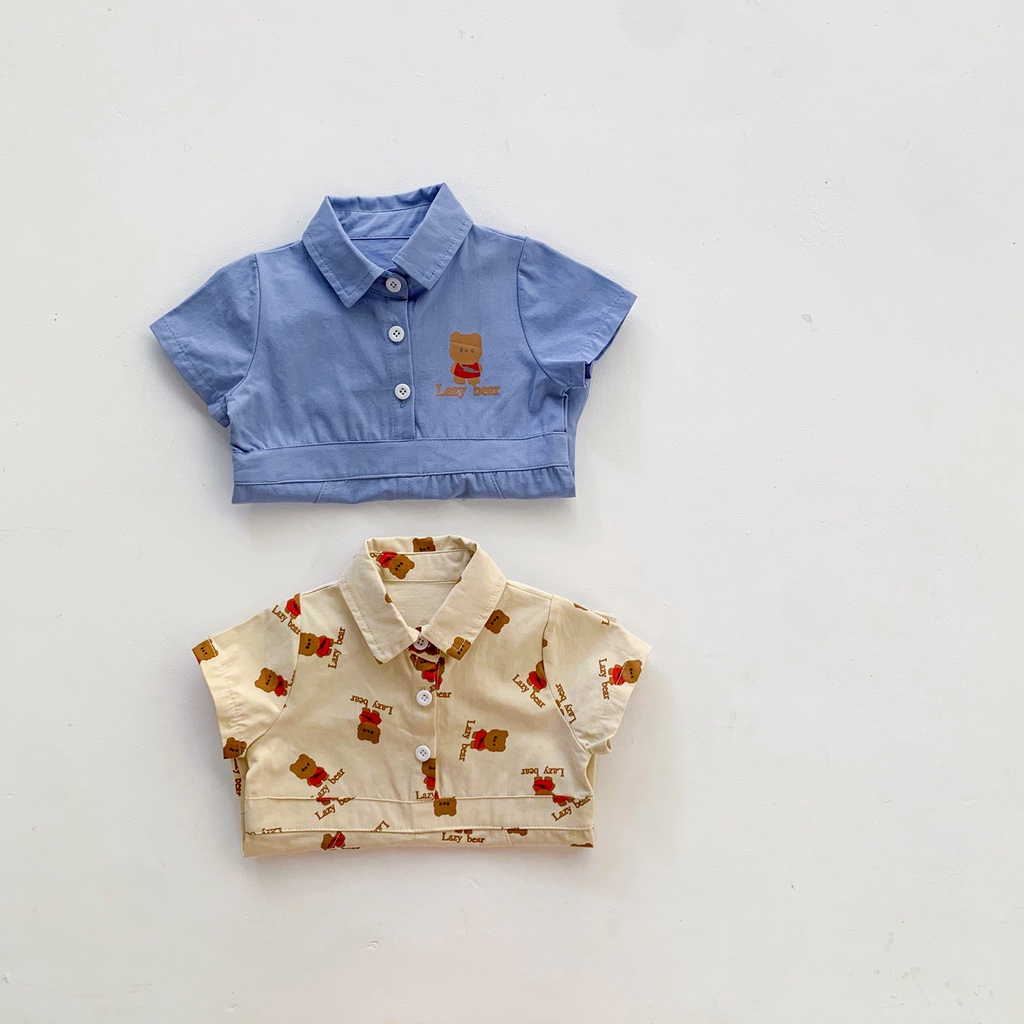 Áo liền quần có cổ bẻ in hình chú gấu dành cho bé trai
