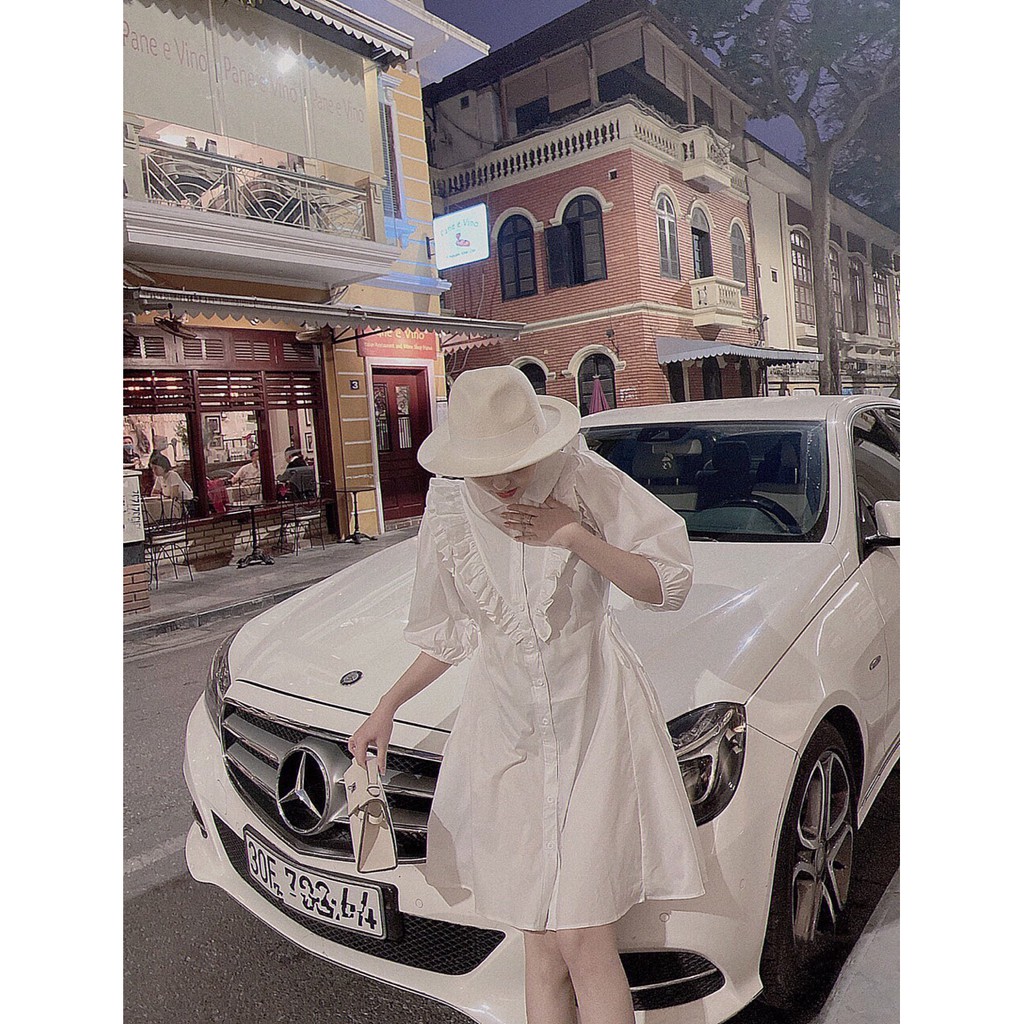 Váy Tay Lỡ Suông Cổ V Phối Viền Bèo Dáng Sơ Mi Trắng Style Retro sang trọng - Đầm Somi Trắng