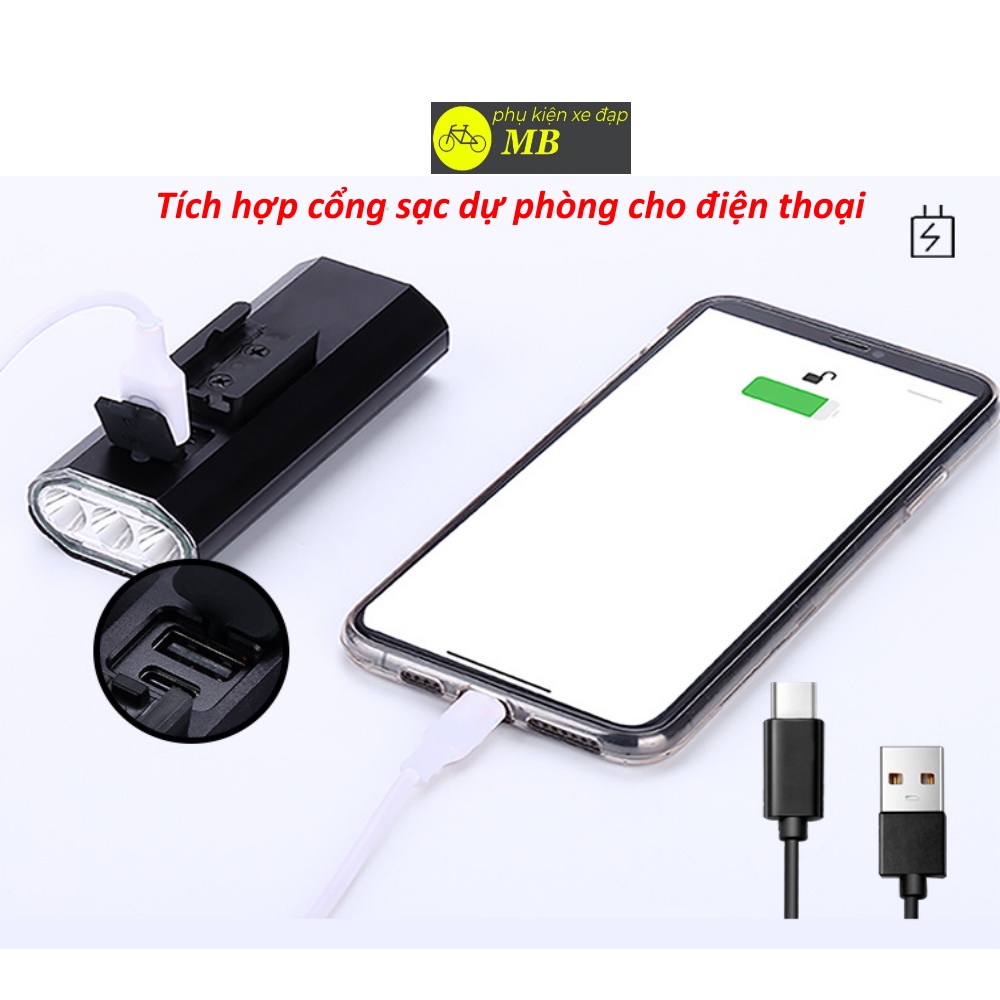 đèn xe đạp thể thao cao cấp siêu sáng vỏ nhôm chống nước 3 mắt led pin sạc usb DP13