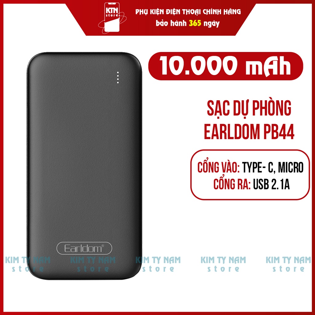 Sạc dự phòng 10000mAh EARLDOM PB44 chính hãng cho Iphone SamSung Oppo Vivo Huawei Xiaomi công suất 2.1A