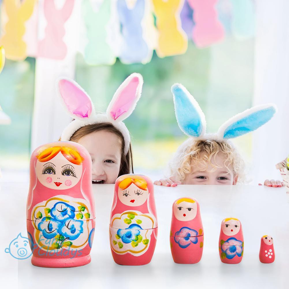 Set 5 búp bê Matryoshka bằng gỗ vẽ bằng tay của Nga