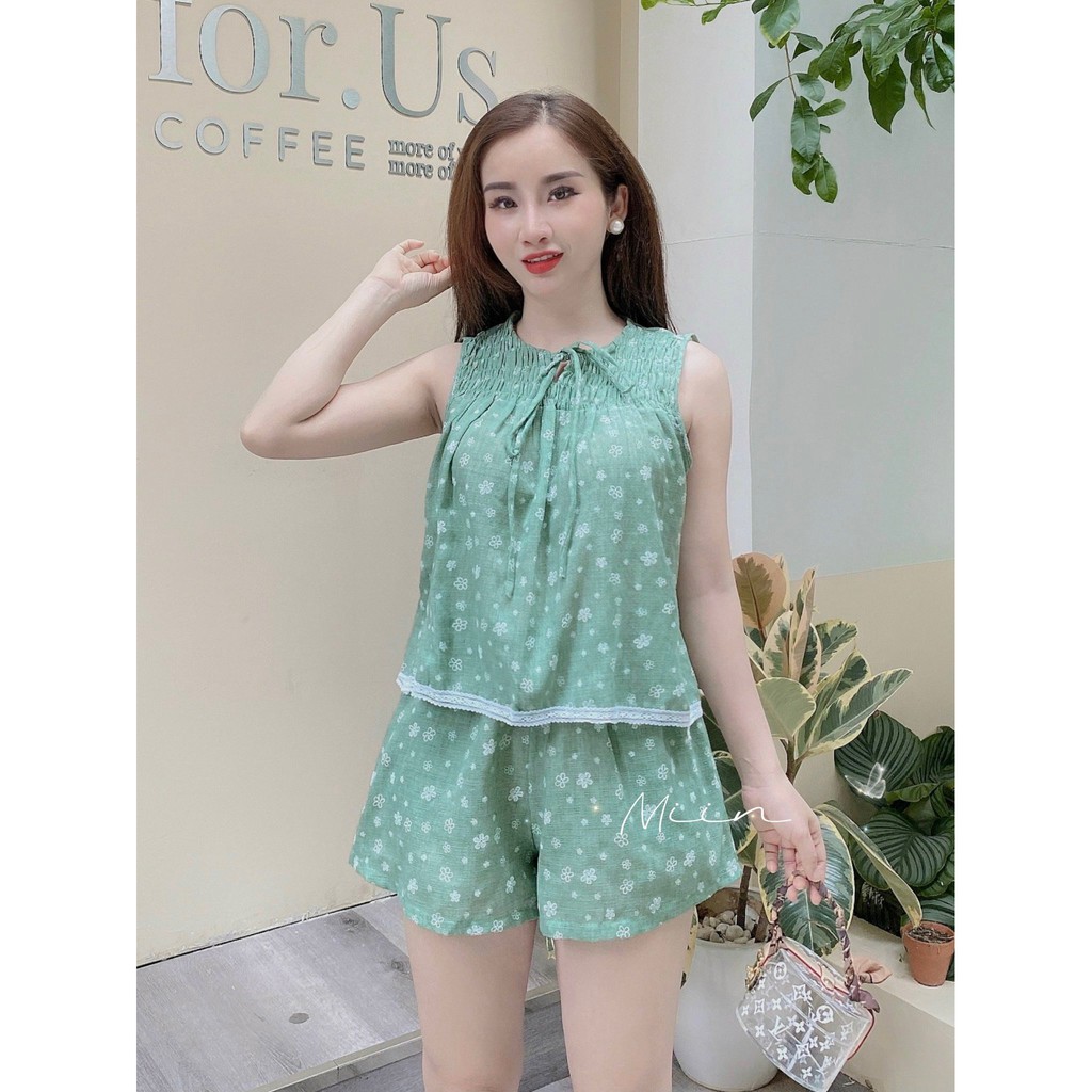 Set bộ đồ hoa nhí - Set bộ đồ mặc ở nhà viền ren màu xanh ngọc