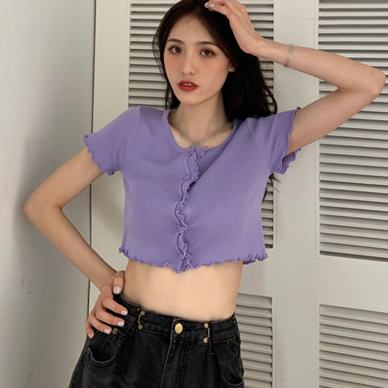 Áo Croptop Dệt Kim Tay Ngắn Phối Nút Thiết Kế Cổ Tròn Thanh Lịch