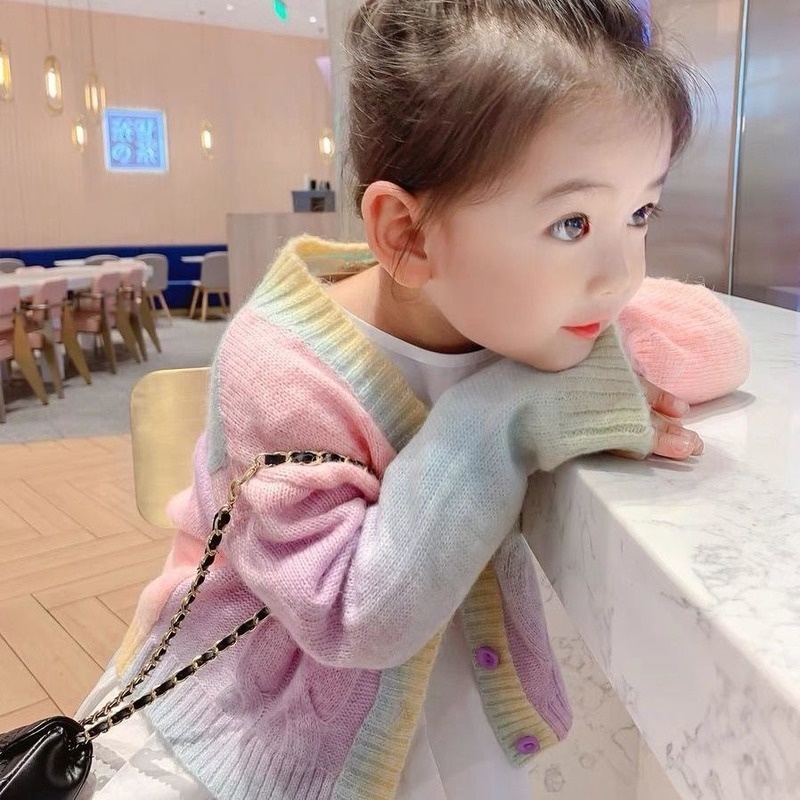 Áo Khoác Len Cardigan Họa Tiết Cầu Vồng Thời Trang Mùa Thu Mới Cho Bé Gái