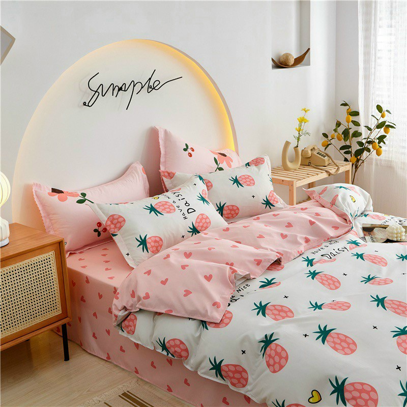 Bộ chăn ga gối poly cotton HQ Quả dứa, quả thơm đáng yêu nhập khẩu cao cấp - Bo chun ga miễn phí