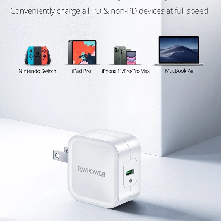 Củ Sạc Nhanh 30W RAVPower RP-PC120 - PD 3.0 - QC 3.0 - GaN - Hàng Chính Hãng - Bảo Hành 12 Tháng