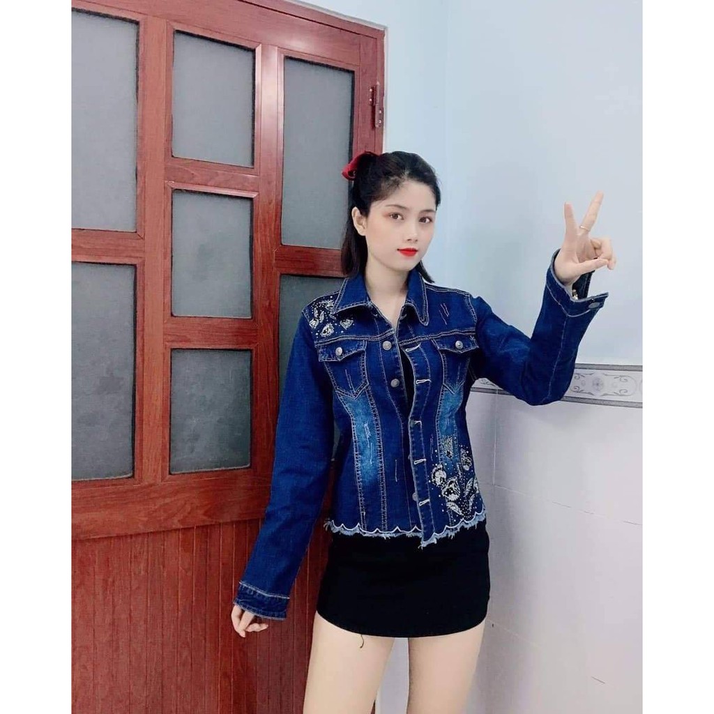 Áo khoác jean nữ thêu hoa hồng lai gợn sóng hàng jean co giãn