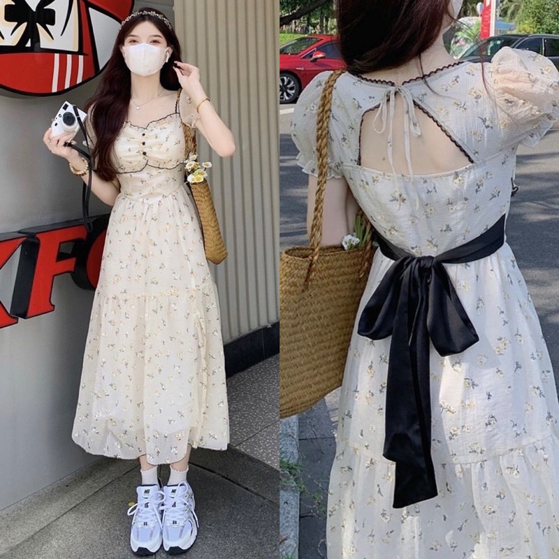 Đầm midi hoa nhí nhíu ngực cut-out lưng thắt nơ