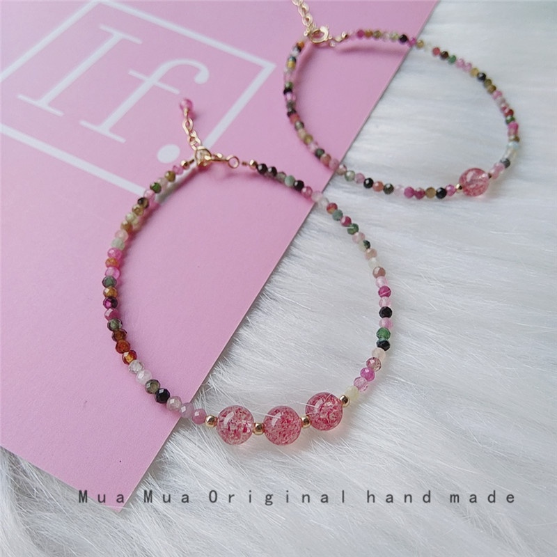 [Hàng Mới Về] Vòng Tay Đính Hạt Pha Lê Dâu Tây Màu Kẹo Ngọt Ngào Đáng Yêu Dành Cho Nữ