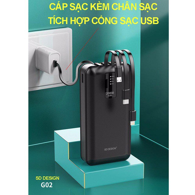 [Mẫu Mới 2022] Pin Sạc dự phòng G02 chính hãng 20,000mAh SD Design kèm 3 dây sạc, cáp sạt cổng USB, bảo hành 1 năm