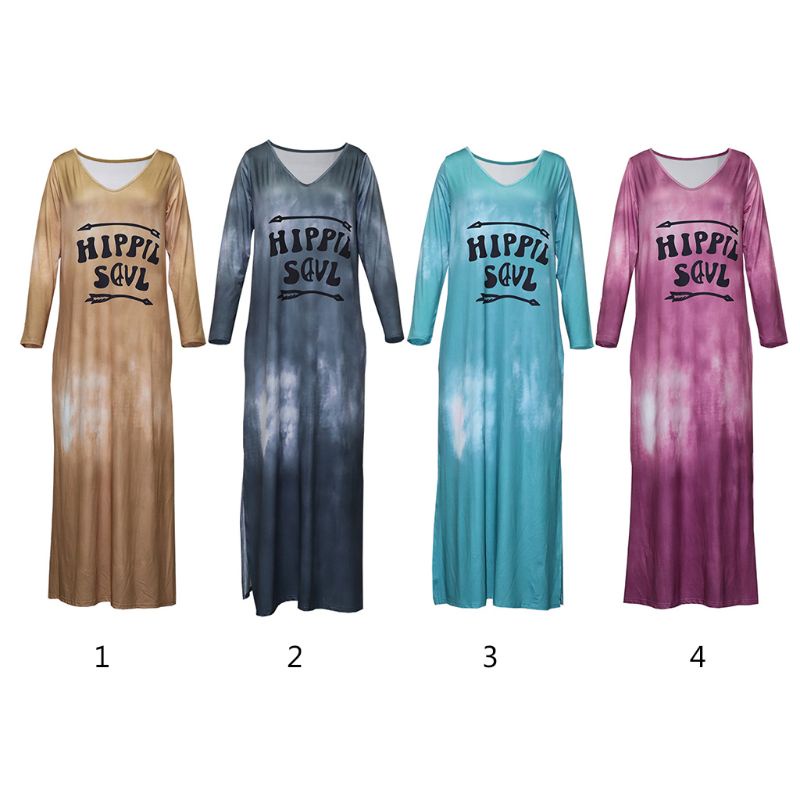 Đầm Thun Maxi Tay Dài Nhuộm Màu In Chữ Quyến Rũ Thời Trang Mùa Thu Cho Nữ