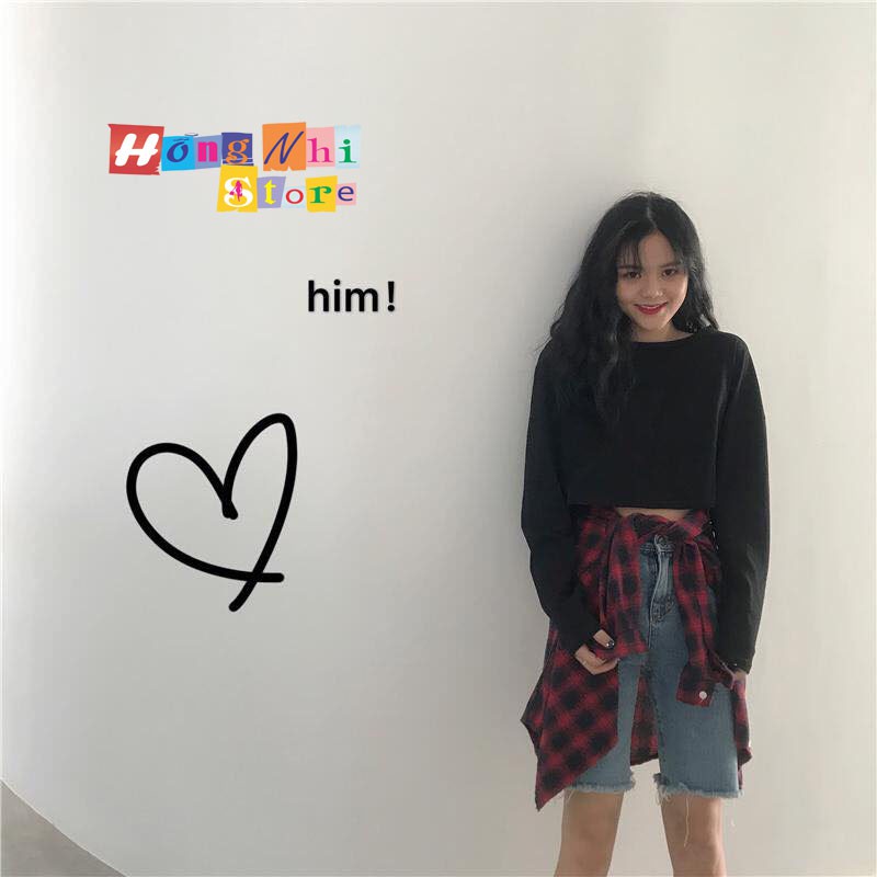 Áo Croptop Trơn Tay Dài Dáng Rộng Màu Đen Long Tee Ulzzang - MM