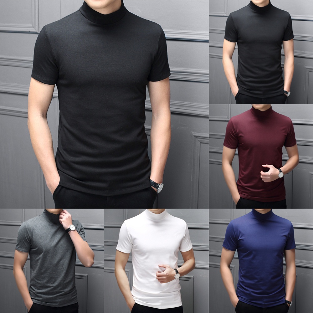GORGEOUS~Men Mock Neck Basic Plain Blouse T-shirt Pullover Short Sleeve Top Bottoming Top
