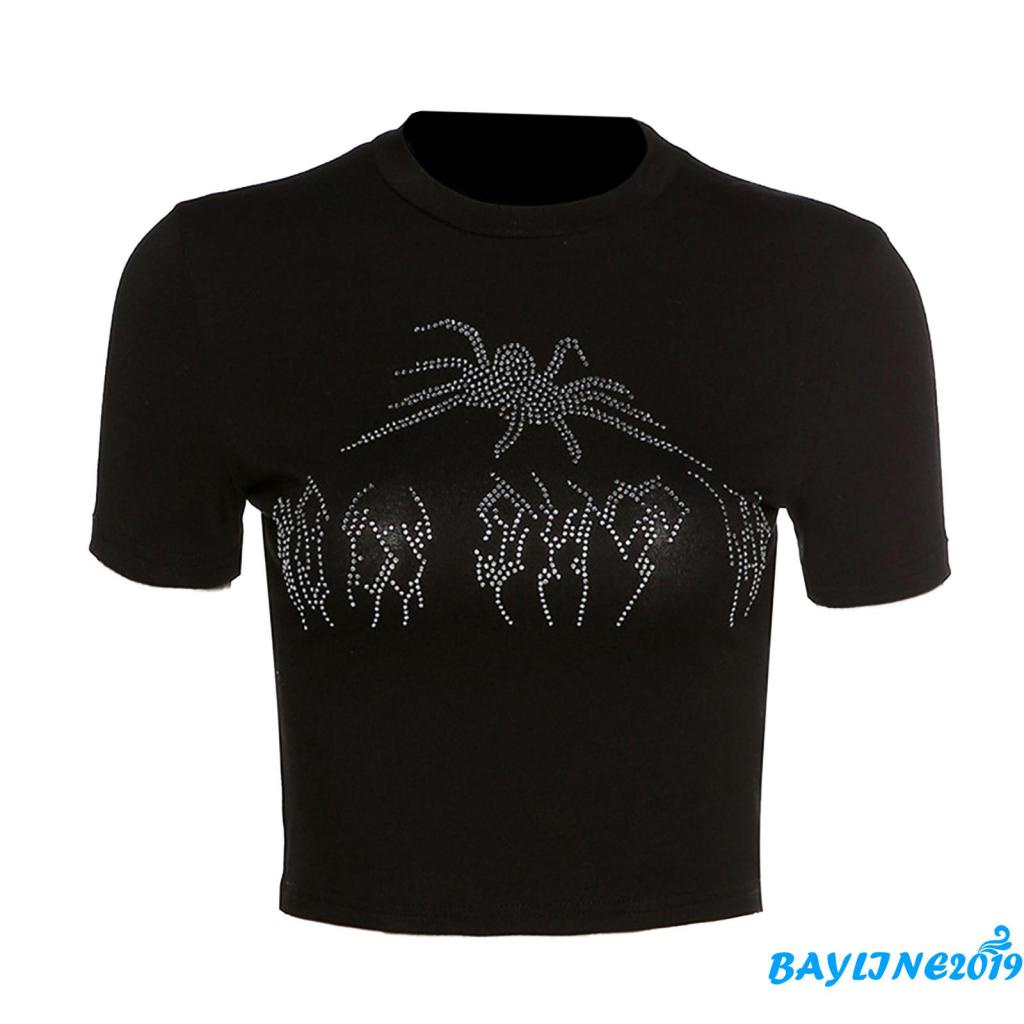 Áo Thun Ngắn Tay Dáng Ôm Hở Rốn Họa Tiết Nhện Đính Đá Thời Trang Cho Nữ