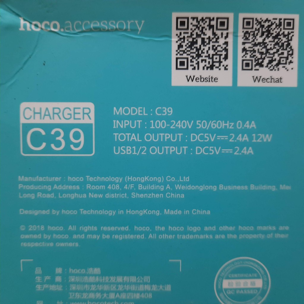 Củ sạc điện thoại Sạc Nhanh 2 Cổng 2.4A Đèn Led 12w Hoco C39