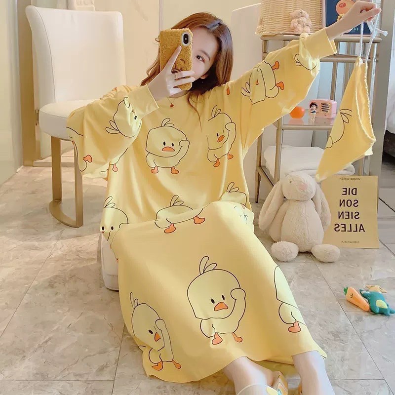 Váy ngủ dài tay thun mỏng hoạt hình đáng yêu nhiều màu