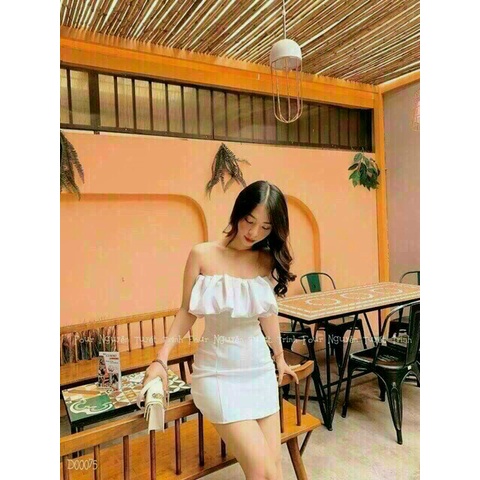 Đầm ôm body bẹt vai 4 màu trắng đen đỏ nâu - 7QC2