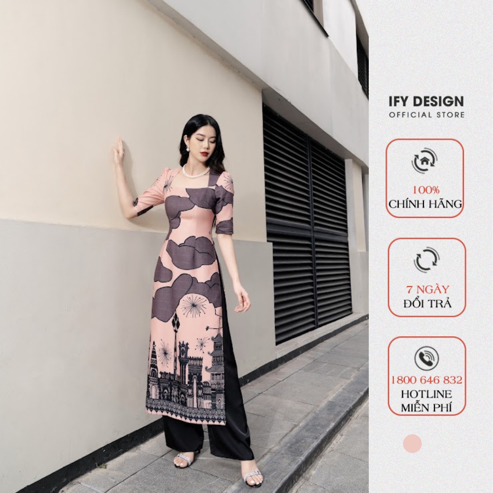 Áo dài cách tân nữ cổ vuông tay lửng màu hồng IFY Design FAD04A