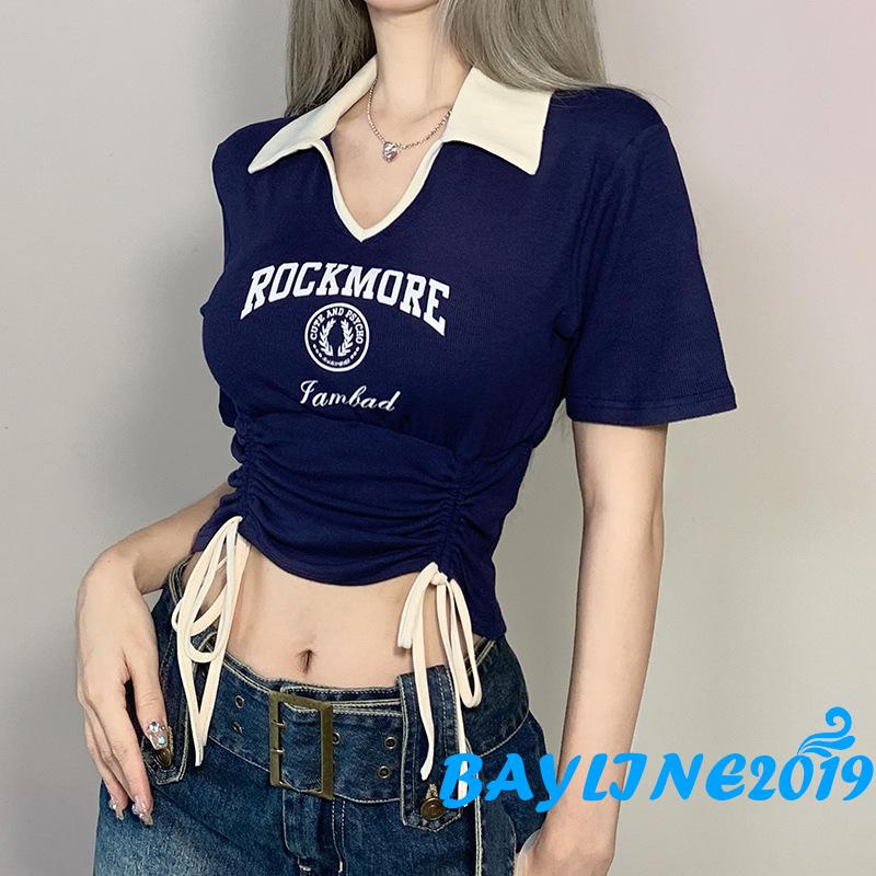Áo Thun Croptop Tay Ngắn Cổ Chữ V Phối Dây Rút Thời Trang Mùa Hè Dành Cho Nữ