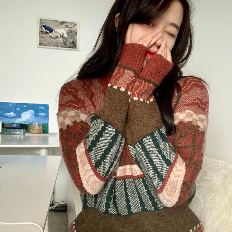 Áo Sweater Tay Dài Màu Sắc Tương Phản Phong Cách Hàn Quốc 182063 Áo Len Cổ Tròn Form Rộng Kiểu Dáng Retro Hợp Thời Trang