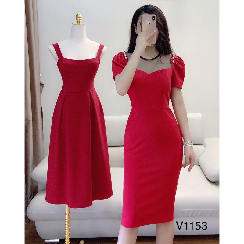 Váy body đỏ vai đính ngọc -Hãng DVC