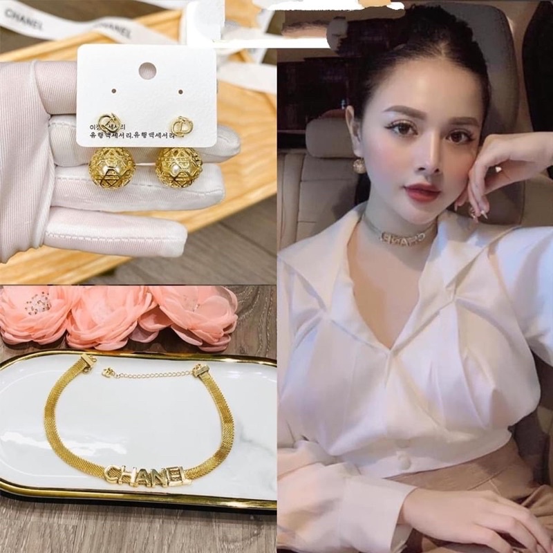 Set Vòng cổ xích bông tai - choker dior - choker hiệu ( set choker + bông tai )