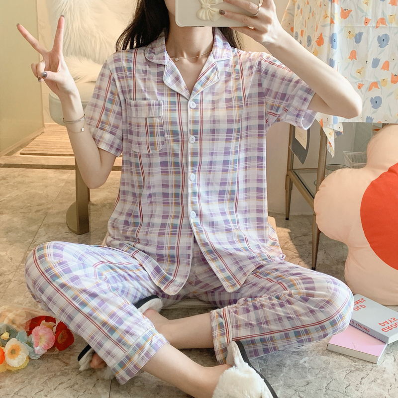 Bộ đồ ngủ nữ dáng dài kẻ sọc caro thoải mái thời trang mùa hè | BigBuy360 - bigbuy360.vn