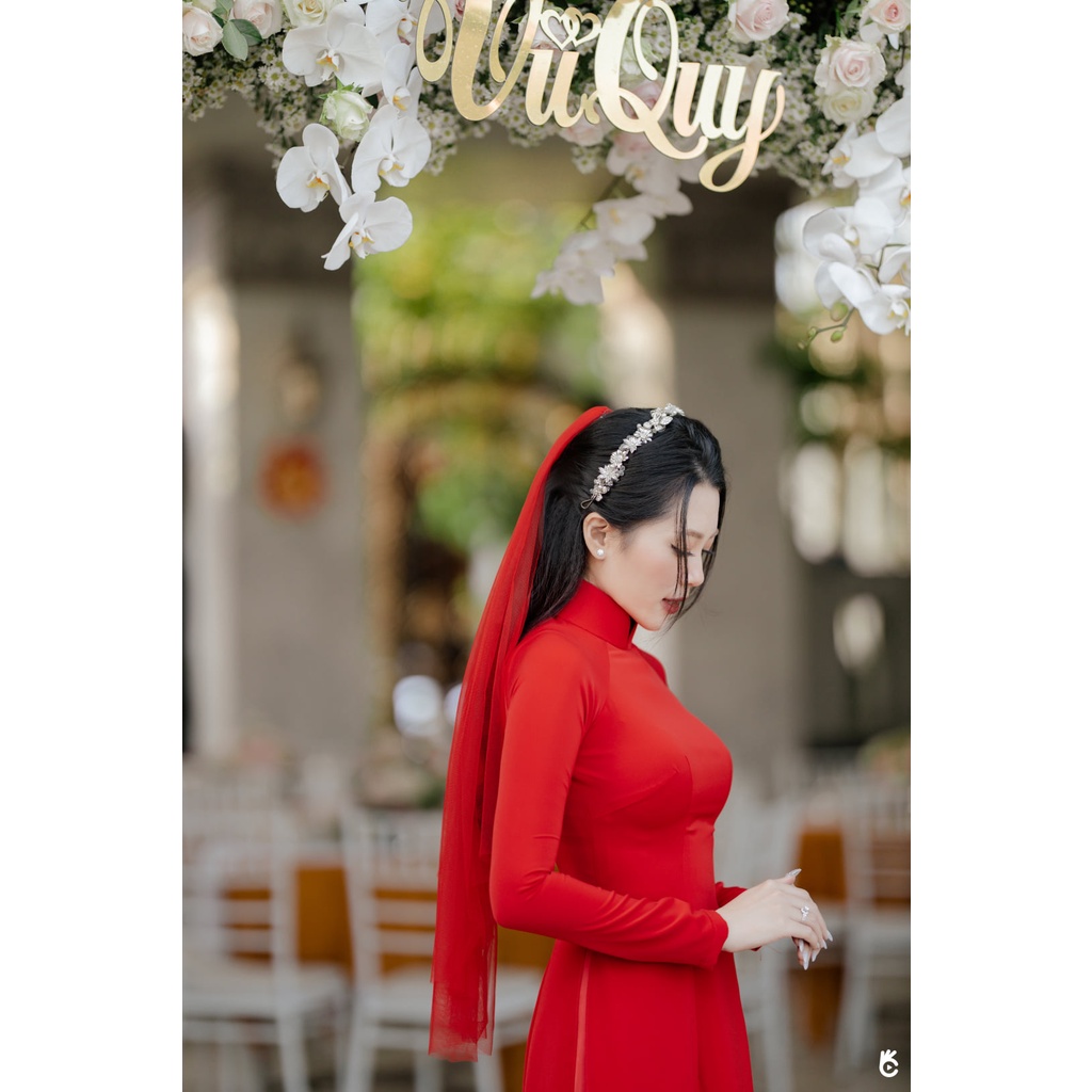 Áo dài cô dâu màu đỏ [Cam House] chất liệu lụa mỹ 2 tà