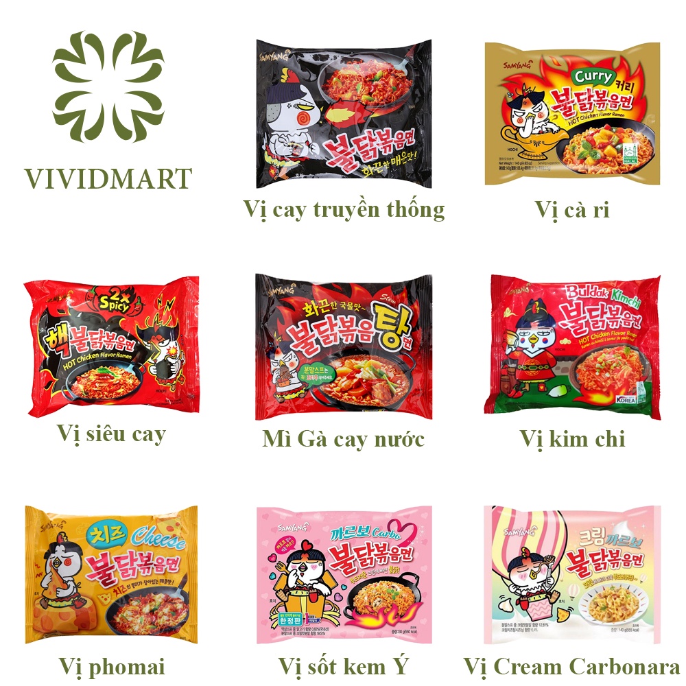 Góilẻ MÌ KHÔ GÀ CAY SAMYANG HQ 8VỊ: TRUYỀN THỐNG, CÀ RI CURRY, CỰC CAY, NƯỚC, KIM CHI, PHOMAI, SỐT KEM Ý CREAM CARBONARA