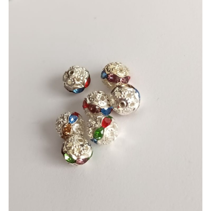 Quả cầu bạc 8li bụng đính đá pha lê ngũ sắc đẹp làm vòng