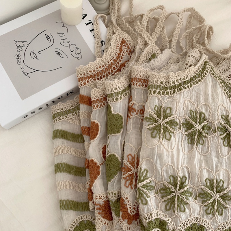 Áo Croptop Hai Dây Dệt Kim Vải Cotton Lanh Thêu Hình Trái Tim Kiểu Vintage Thời Trang Mùa Hè Cho Bạn Gái