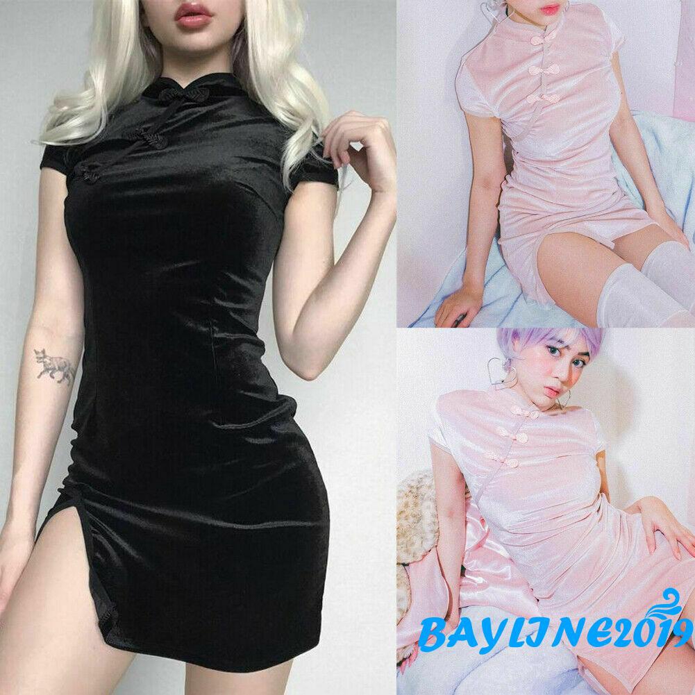 ❀May-thời trang nữ Váy sườn xám Trung Quốc Váy Mini màu đen buổi tối