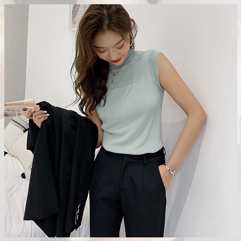 Áo Dệt Kim Sát Nách Cổ Lọ Dáng Ôm Co Giãn Thời Trang Mùa Hè Phong Cách Hàn Quốc Cho Nữ Có 9 Màu