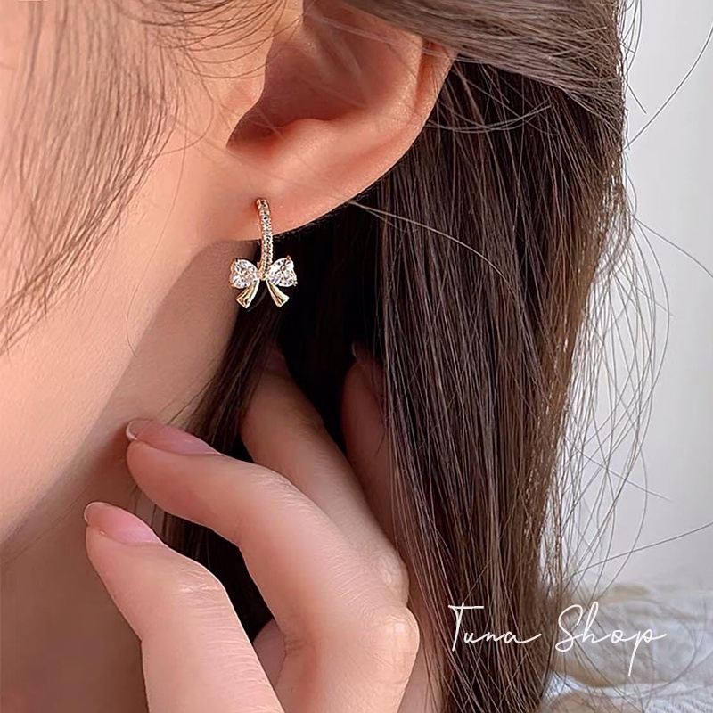 Khuyên Tai Bạc Nữ nơ xinh | Bông Tai Bạc cao cấp _ TUNA SHOP Trang sức bạc cao cấp _ Cam kết chuẩn Bạc