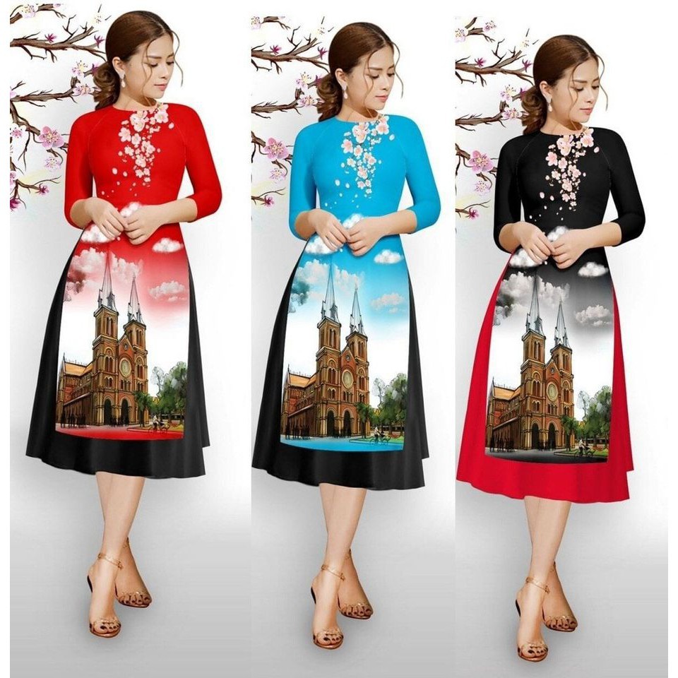 HÀNG TK - SET BỘ ÁO DÀI CÁCH TÂN IN NHÀ THỜ ĐỨC BÀ + CHÂN VÁY XÒE CAO CẤP - MH678