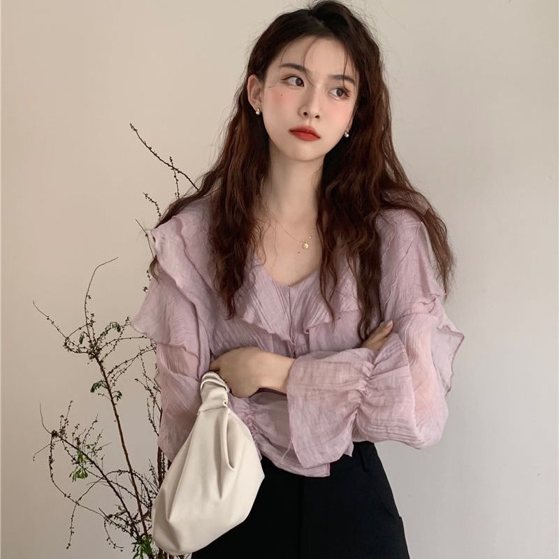 Áo Sơ Mi Chiffon Cổ V Tay Dài Phối Bèo Kiểu Retro Pháp Thời Trang 2022 Cho Nữ