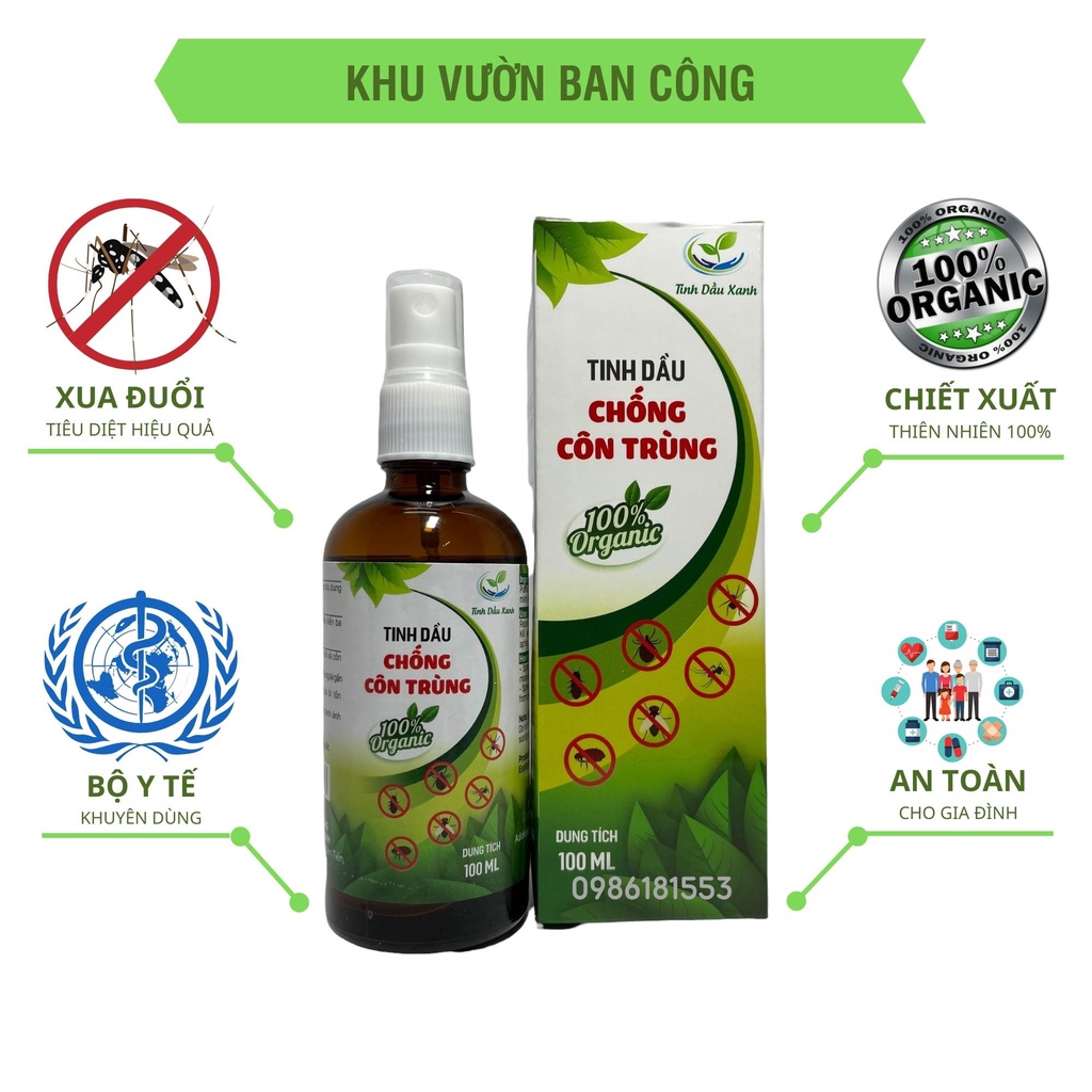 Tinh Dầu Xịt Chống Côn Trùng Organic 100% Thiên Nhiên An Toàn Với Sức Khỏe, Hàng Chính Hãng Tinh Dầu Xanh Chai 100ml