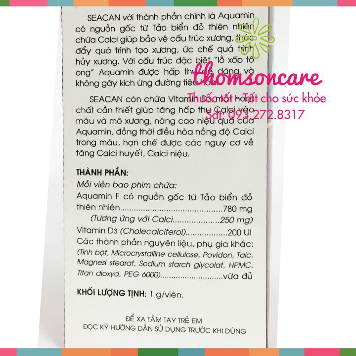 Bổ sung canxi từ tảo biển Seacan - Lọ 60 viên Chính hãng Traphaco | BigBuy360 - bigbuy360.vn