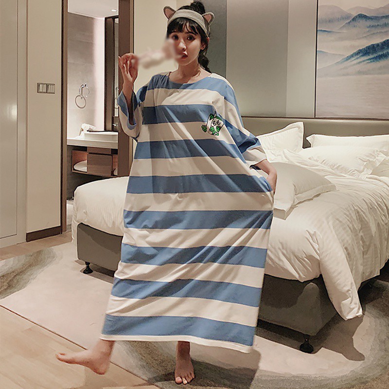 Đầm Ngủ Dáng Rộng Tay Ngắn Kẻ Sọc Dễ Thương Xinh Xắn Cho Nữ