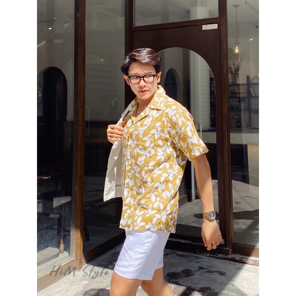 Áo Sơ Mi Nam Tay Ngắn Linen Tưng In Hoạ Tiết Chiếc Lá