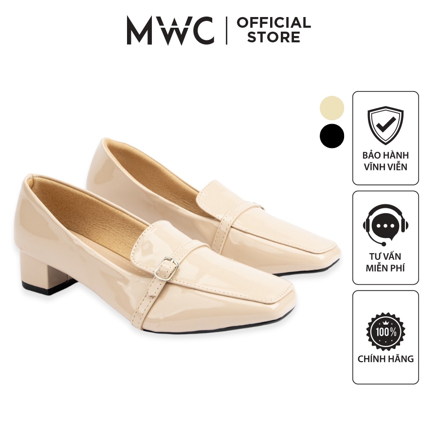 Giày MWC 4336 - Giày Cao Gót Công Sở Thanh Lịch, Giày Tây Nữ Phối Khóa, Giày Lười Da Bóng, Giày Búp Bê Cao Gót P