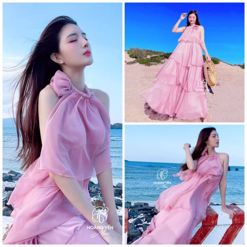 [🌸Sẵn] Đầm maxi loại 1 chất tơ màu hồng 4 tầng hở lưng - pink silk maxi dress with open back